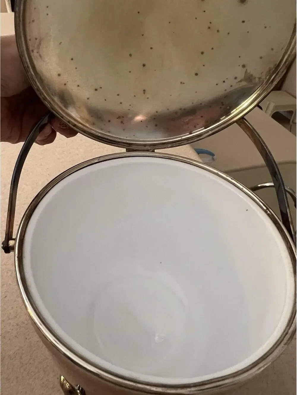 Vintage Cresent Silver Plate Swing Top Lined Ice Bucket Beautiful Patina Thermos